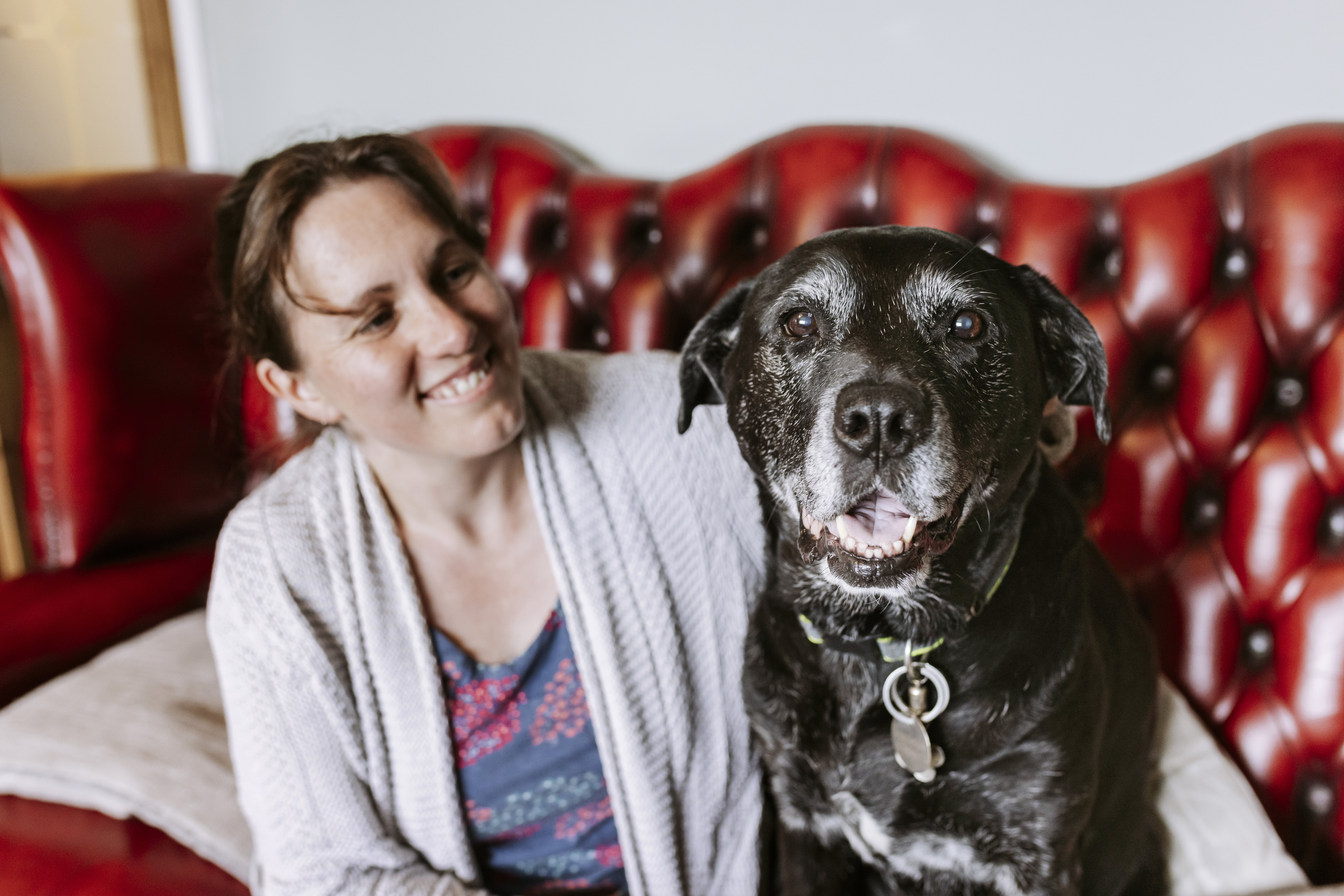A black and white labrador cross gazes into the camera as her smiling owner wraps an arm around her