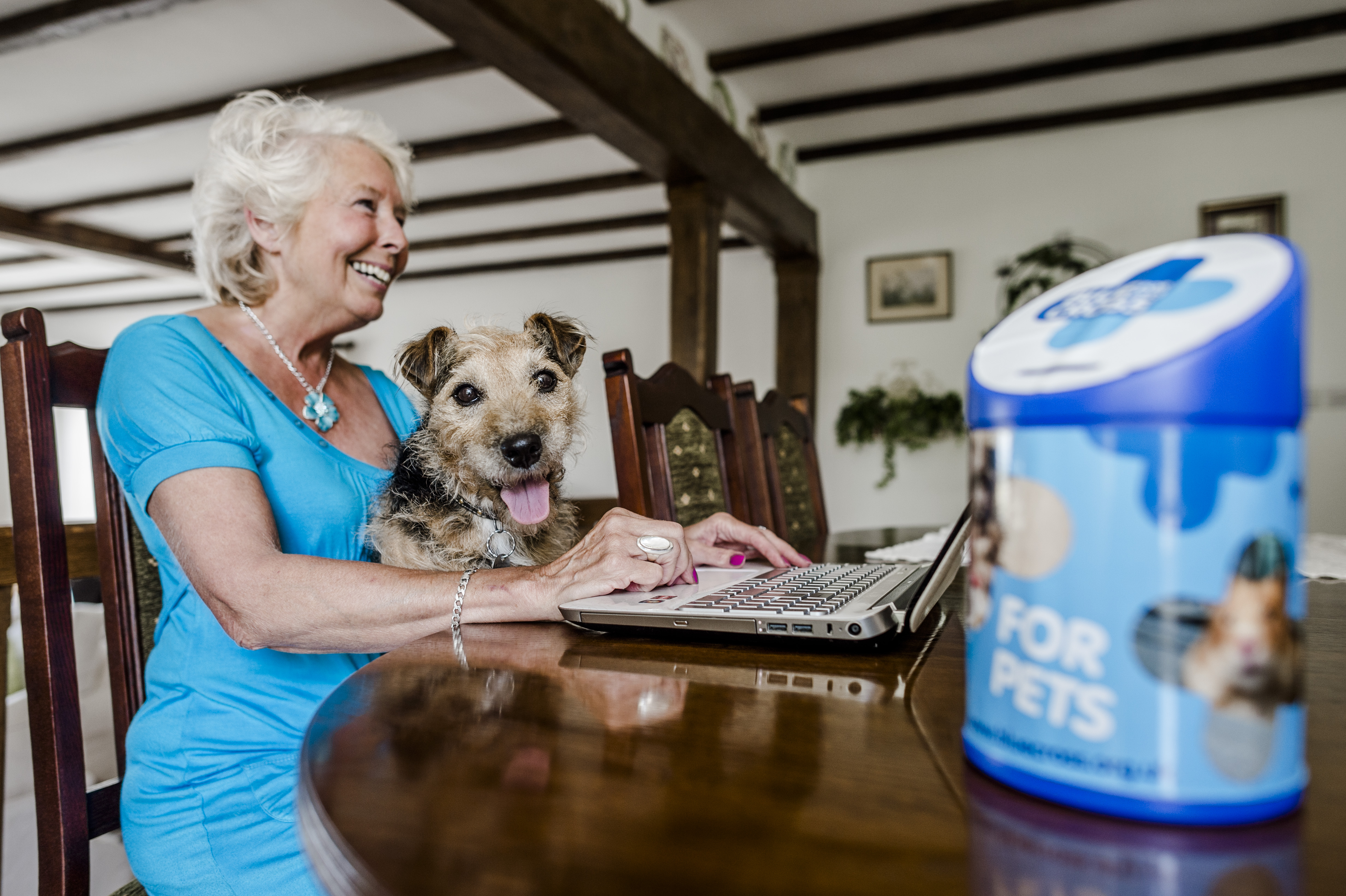 Photo of volunteer Jo Savage sitting at her computer with her terrier cross Riley and a 