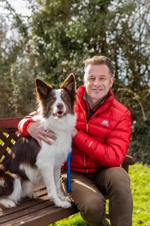 Brown and white border collie sat on a bench next to Chris Packham
