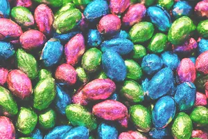 Lots of chocolate Easter eggs wrapped in foil
