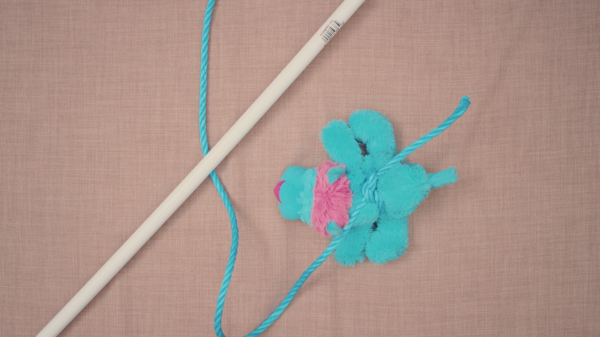 DIY flirt pole with blue fluffy toy attached