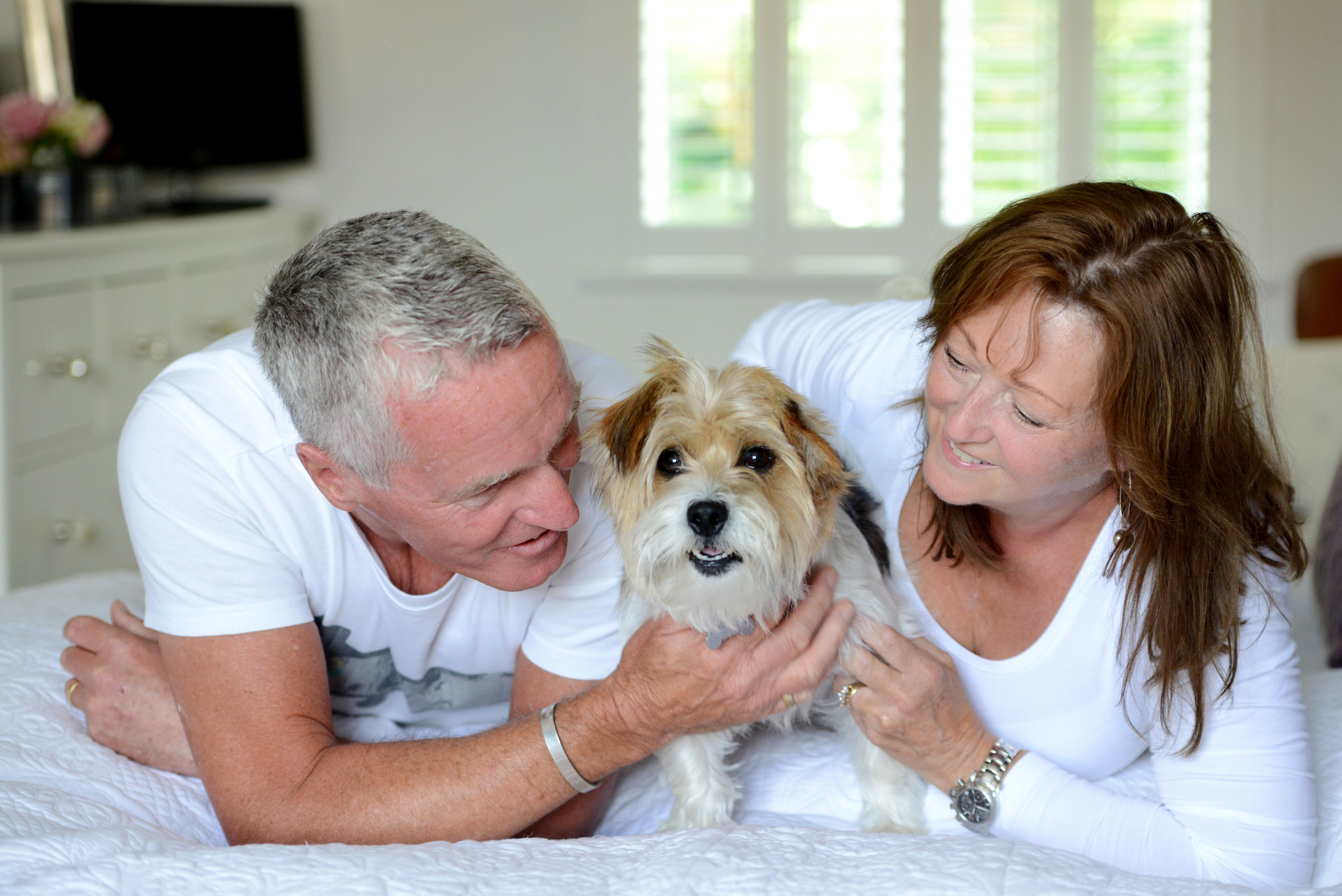 Couple lying down with jack russell in between them