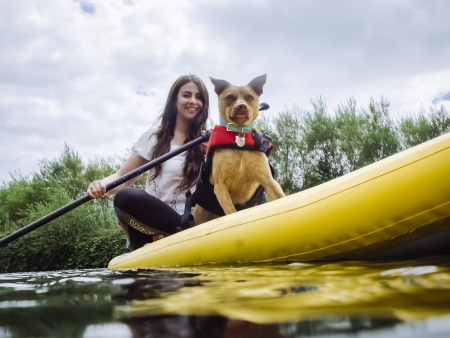 a dog and woman on a canoe