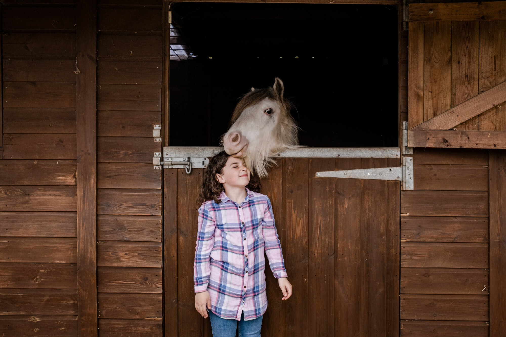 White pony Stan looking over stable door nuzzling Evie's head. Evie is wearing a pink and blue check shirt
