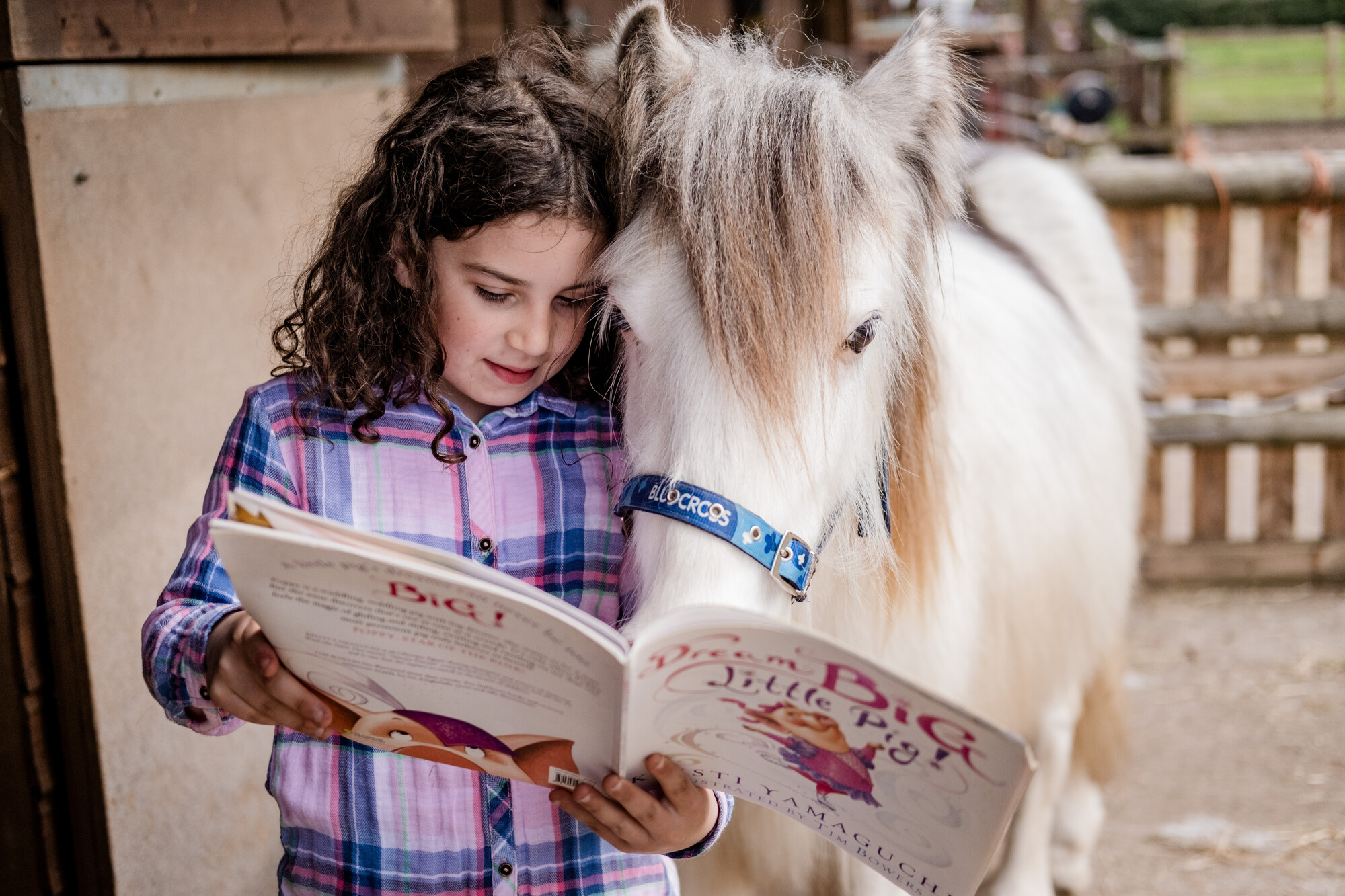 Evie reading to Stan, who is looking over her shoulder into the book