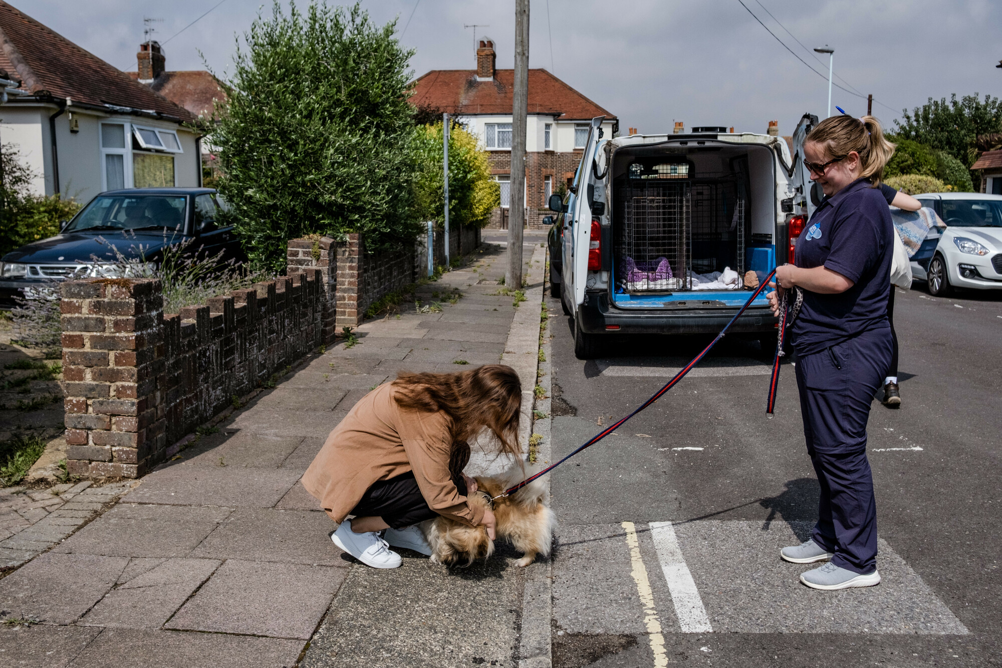Lisa bends down on the pavement to give Pekinese dog Bonya a fuss. A Blue Cross van is in the background and a female member of staff holds Bonya's lead, smiling at the reunion