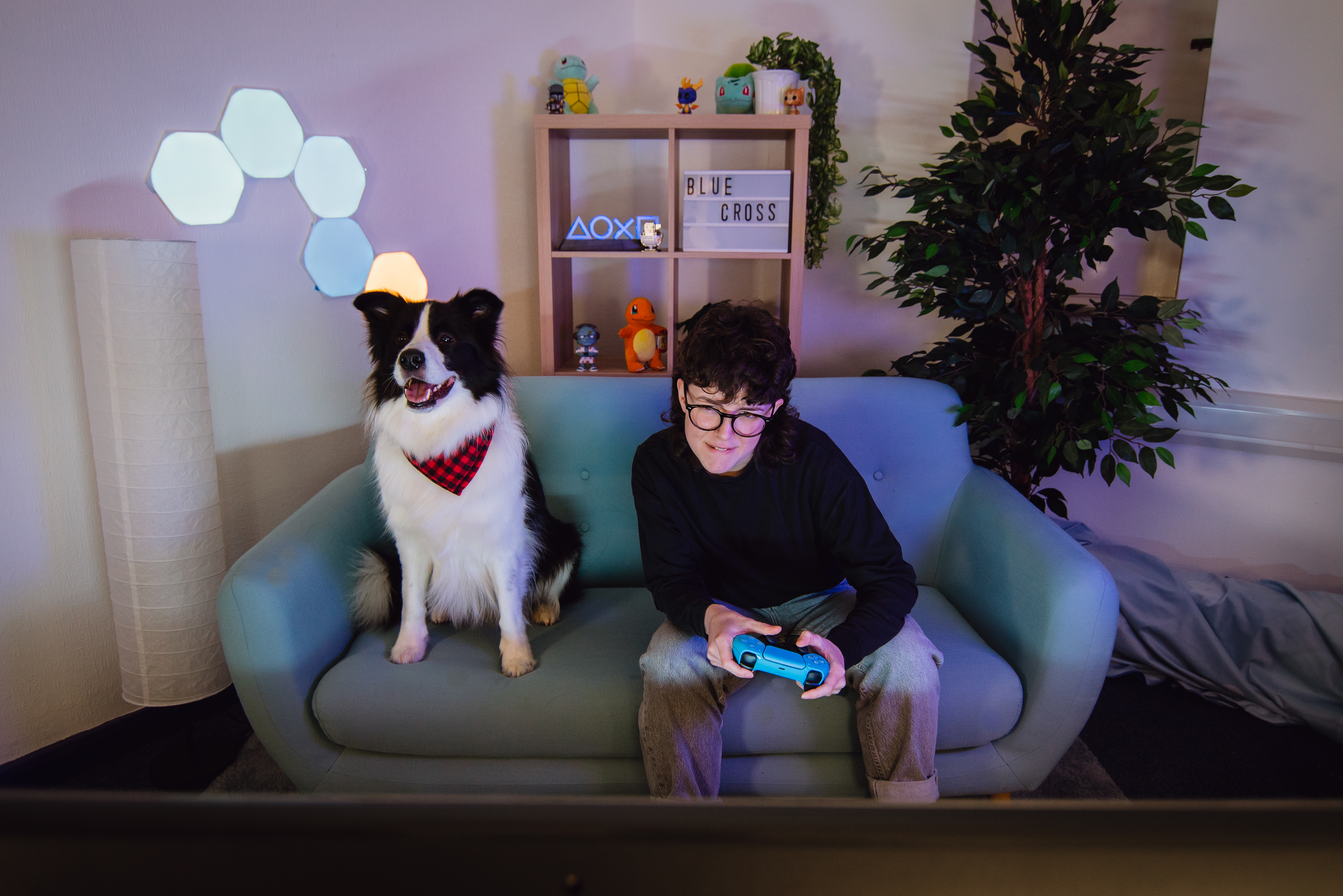 Woman gaming on sofa with collie sat next to her