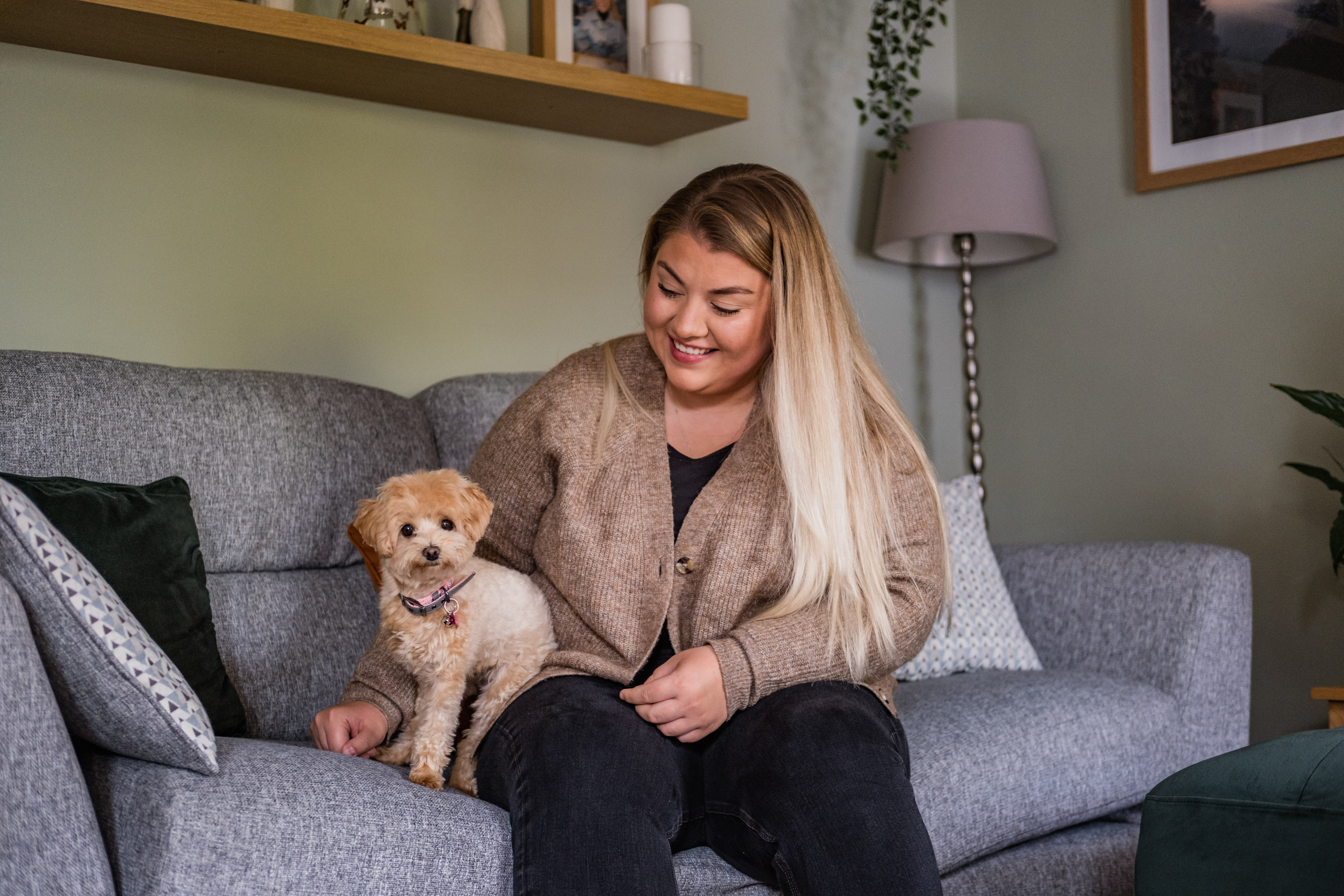 Three-legged golden toy poodle Llammy relaxes on the sofa next to her smiling owner