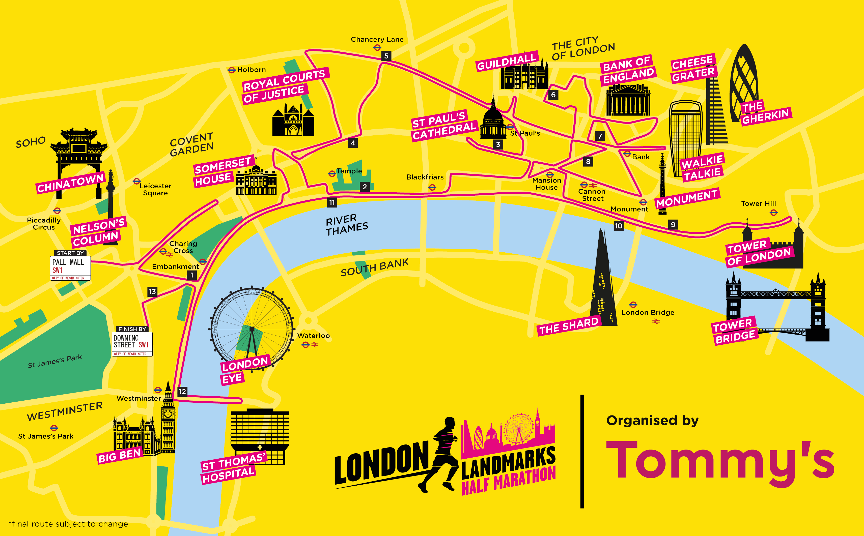 A map of the London Landmarks Half Marathon. The map covers London across the Thames, from Westminster to Tower Bridge  