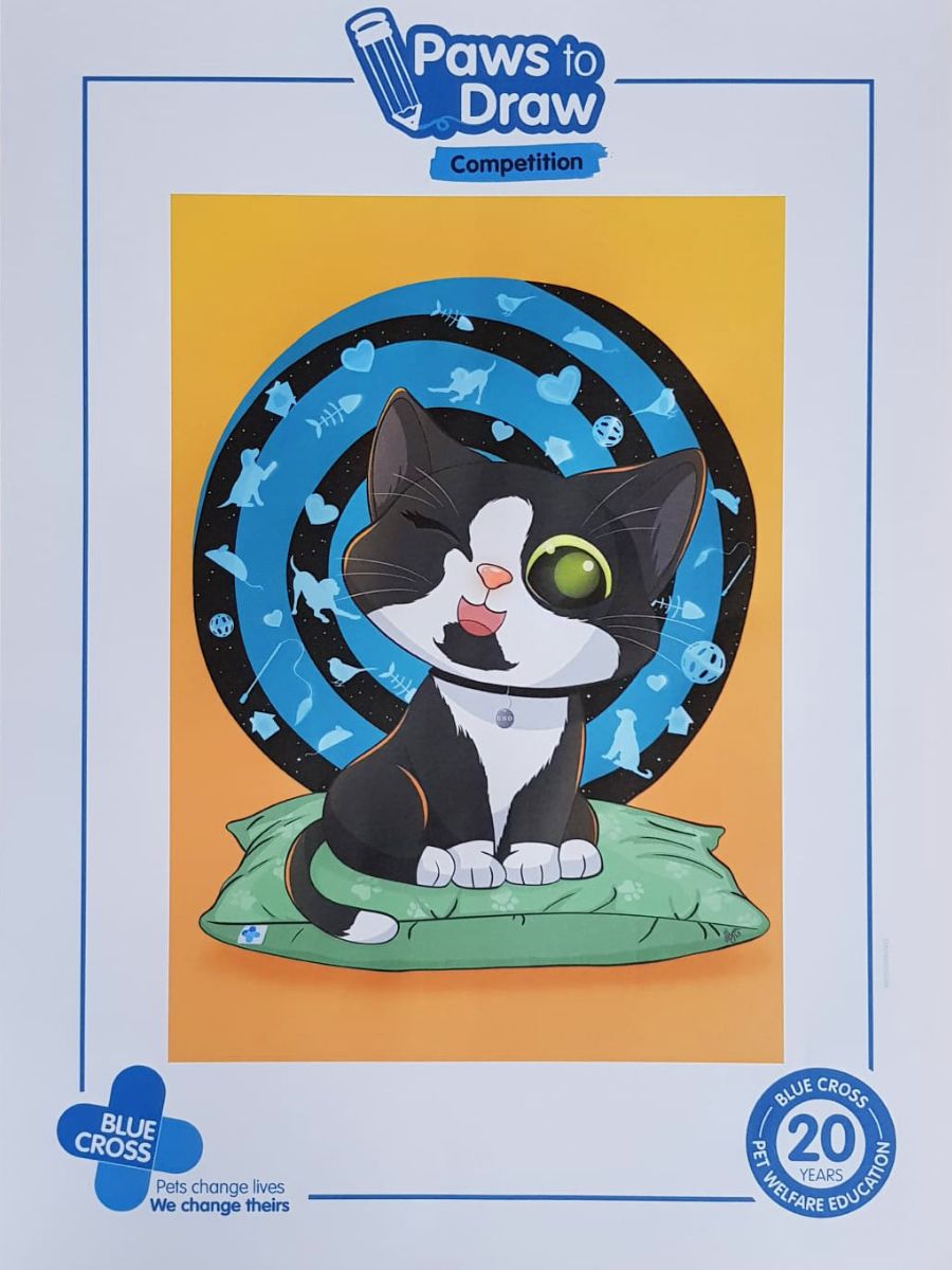 A winning drawing of Uno the cat by Dee as part of the Paws to Draw competition 