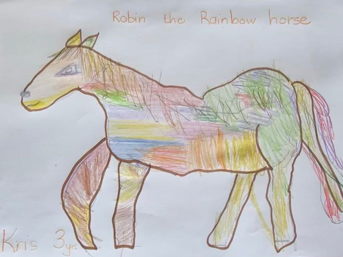 A winning drawing of Robin the horse by Kris as part of the Paws to Draw competition 