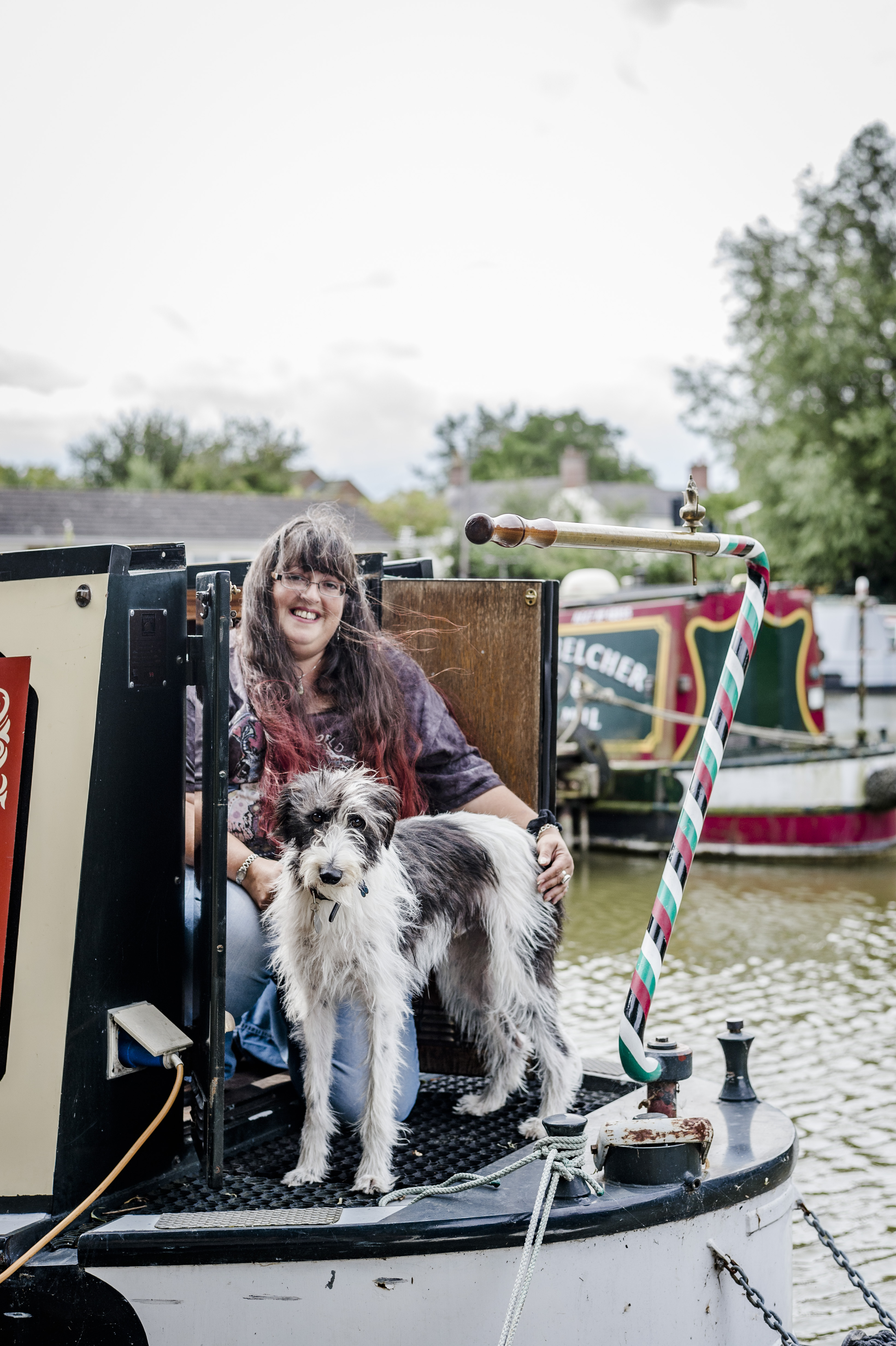 Dog Edward with new owner Roz on the barge