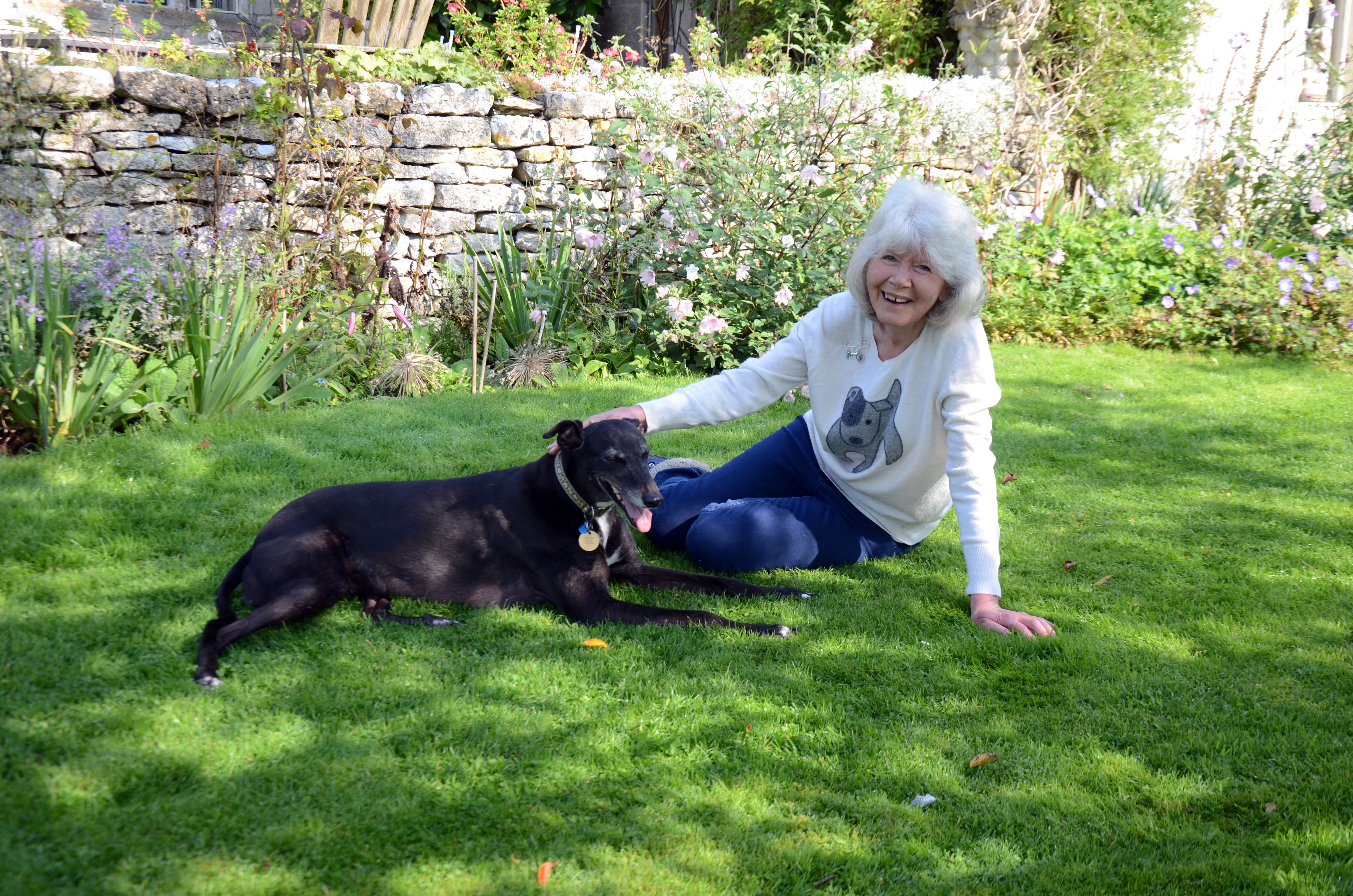 Bluebell and her owner Jilly Cooper sit down on grass in the shade