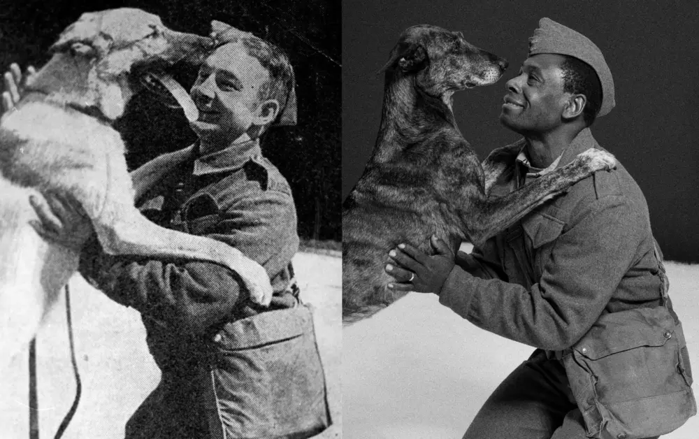 Black and white photo of a soldier greeting his dog after returning from war, and a recreation photo featuring David Harewood MBE