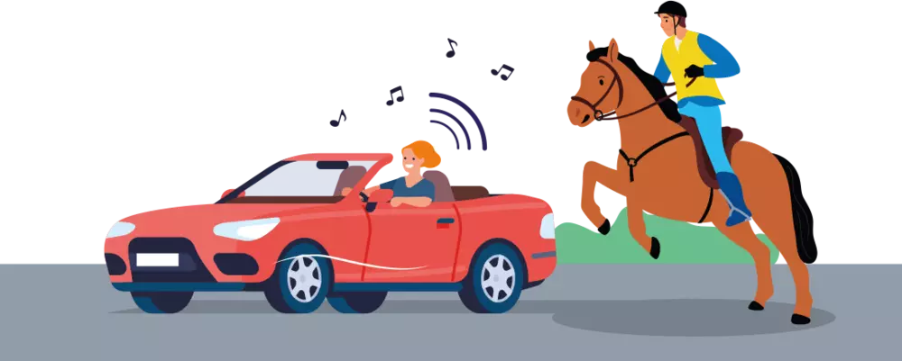 An illustration of a red car and a horse rider. The red car is creating noise which has spooked the horse. The horse is rearing up in fright.