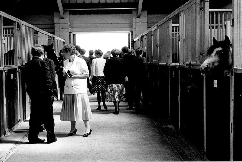 A black and white image of visitors being shown around a horse stable