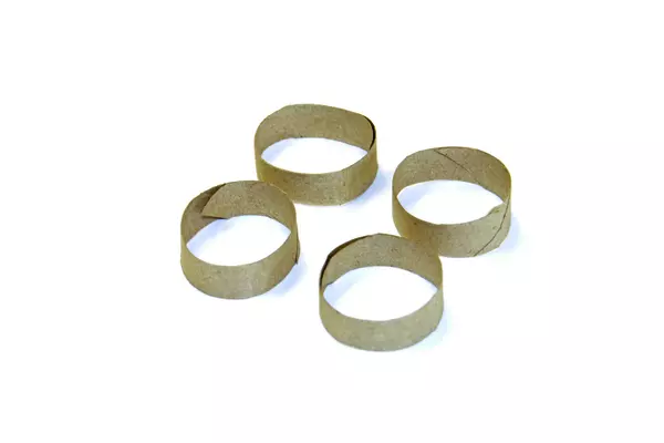 Cardboard toilet roll cut into four circular pieces