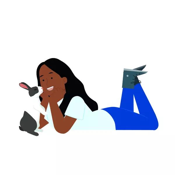 An illustration of a rabbit looking into the face of a woman