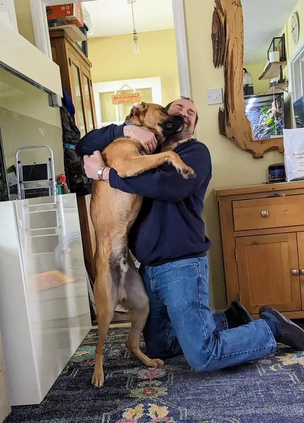 Boris on hind legs leaning into new owner Andy