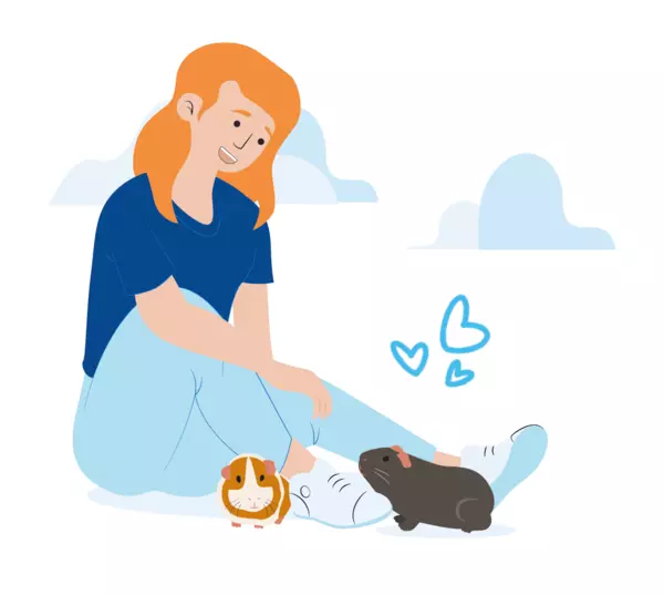 An illustration of a woman sitting on the floor next to her two guinea pigs