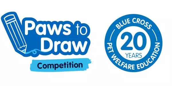 Two Blue Cross logos. The top logo is blue and white and reads: Paws to Draw competition. The bottom logo is a blue and white roundel and reads: Blue Cross 20 years pet welfare education. 