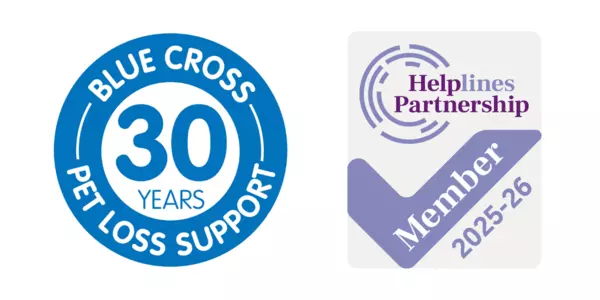 Two logos side by side. One celebrates 30 years of the Pet Loss Support service. The other symbolises Blue Cross's Helplines Partnership membership.