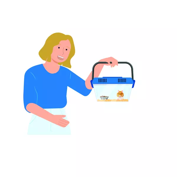 An illustration of a woman holding up a hamster in a carry case