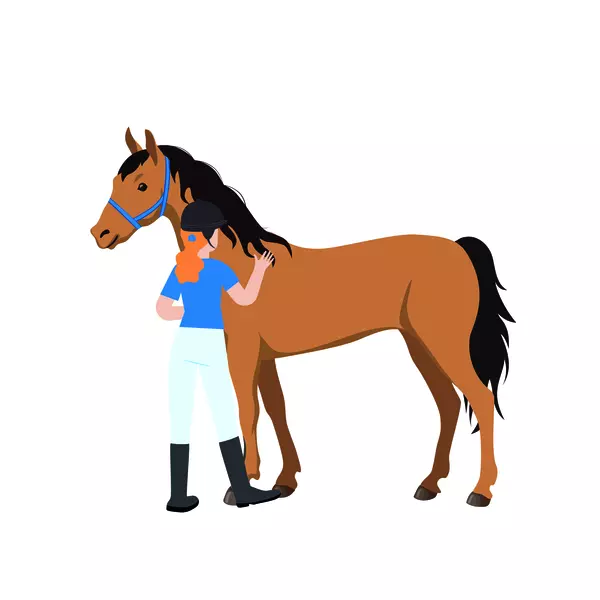 Illustration of a brown horse and woman patting its neck
