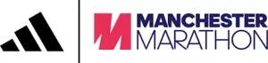 Manchester marathon logo, with a black and white Adidas logo sitting on the left. The logo reads: Manchester marathon