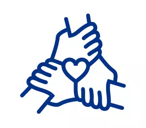 An illustration of three hands connected to form a heart.