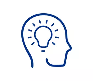 An illustration of a face with a light bulb.