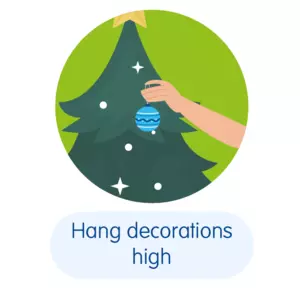 Illustration of a hand putting a bauble near the top of a Christmas tree