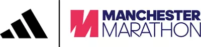 Manchester marathon logo, with a black and white Adidas logo sitting on the left. The logo reads: Manchester marathon