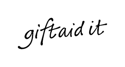 A logo that reads Gift Aid It in black handwritten style writing 