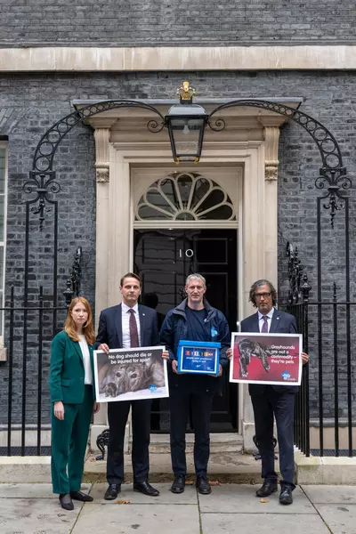 Professor David Olusoga, MP Mike Tapp, MP Helena Dollimore and Blue Cross CEO Chris Burghes all standing outside 10 Downing St ready to hand in the Greyhound petition