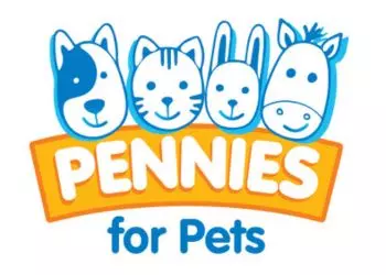 A blue and orange logo that reads 'Pennies for Pets'. Above the text are illustrations of four pet faces - a dog, a cat, a rabbit and a horse.