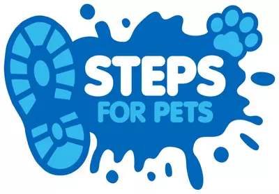 A blue and white Steps for Pets logo with a footprint design. The logo reads: Steps for Pets 
