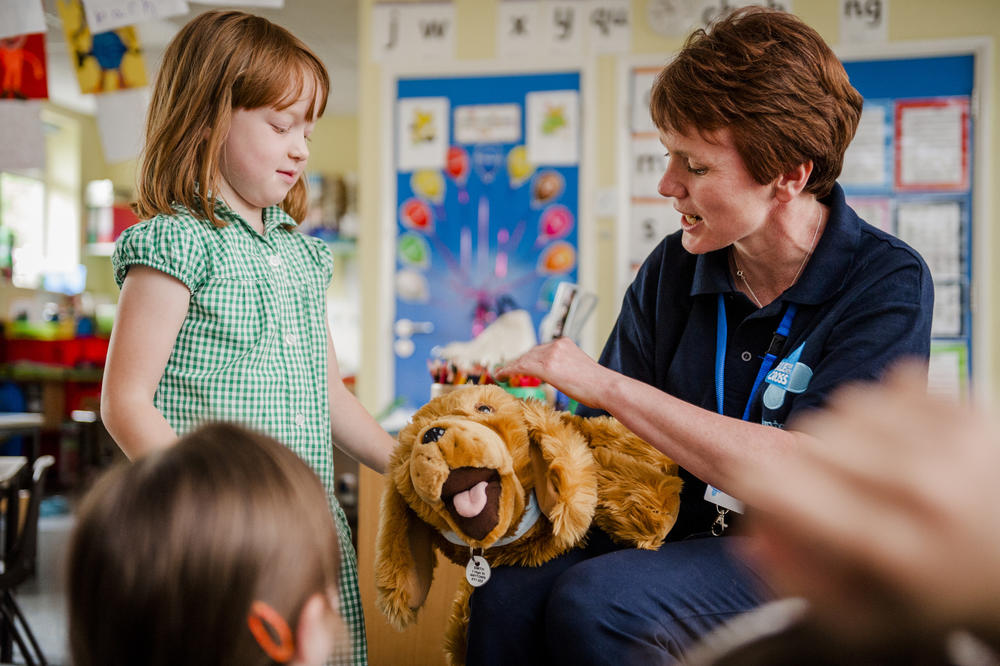 A Blue Cross female volunteer stroking a toy dog and a school girl watching