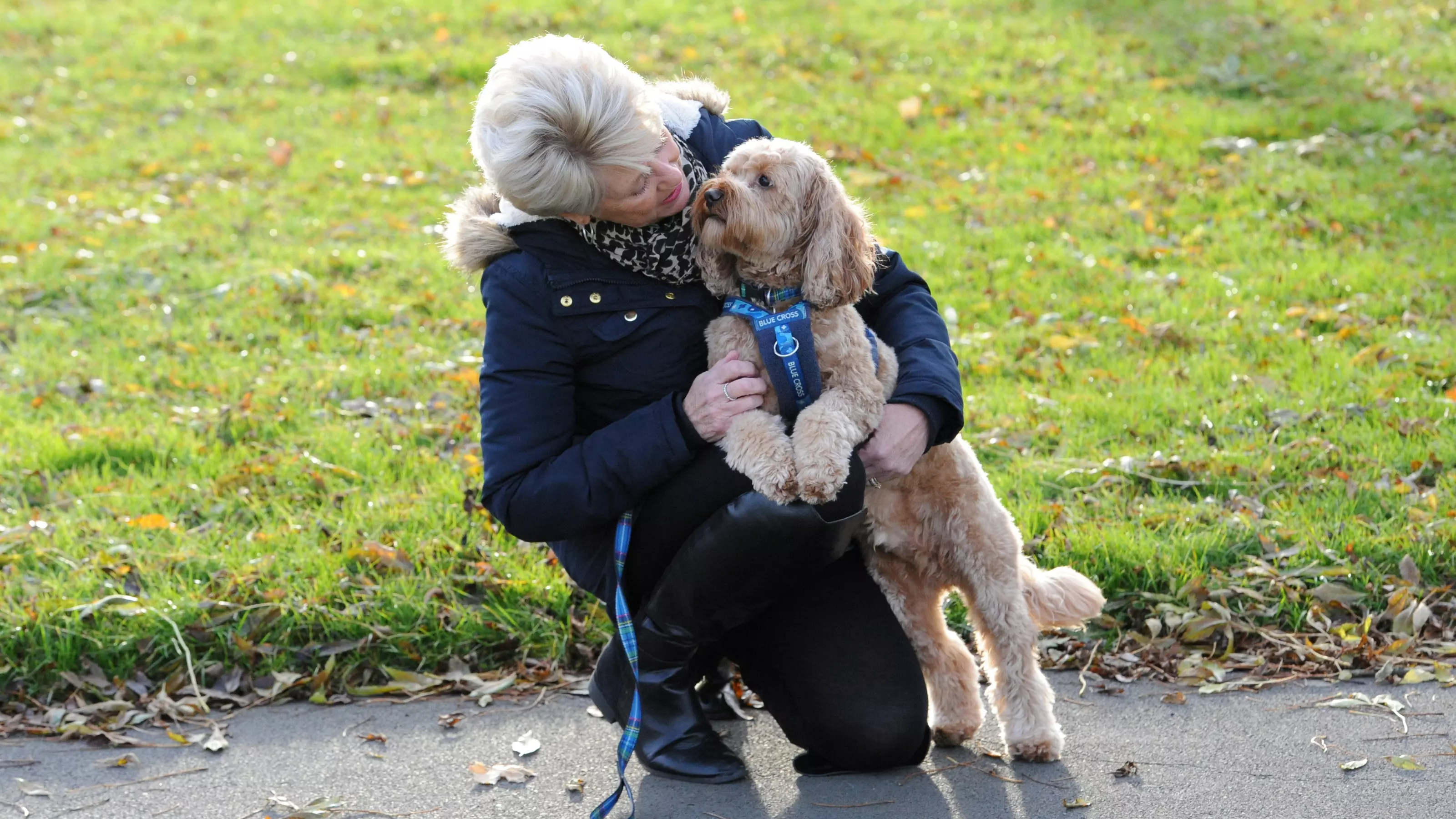 Julie and Dusty stop for a cuddle whilst on a walk