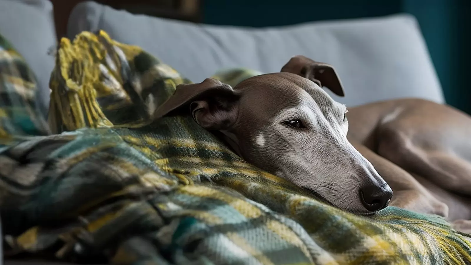 A greying greyhound lies in comfort on a sofa with his eyes partially closed as if dozing off
