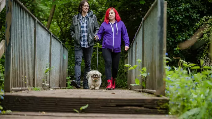 James and Monika out walking with Chewbie