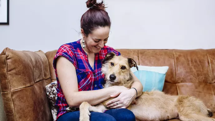 Bromley and his owner Denise cuddle up on the sofa together