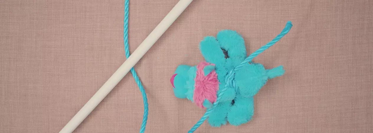 DIY flirt pole with blue fluffy toy attached