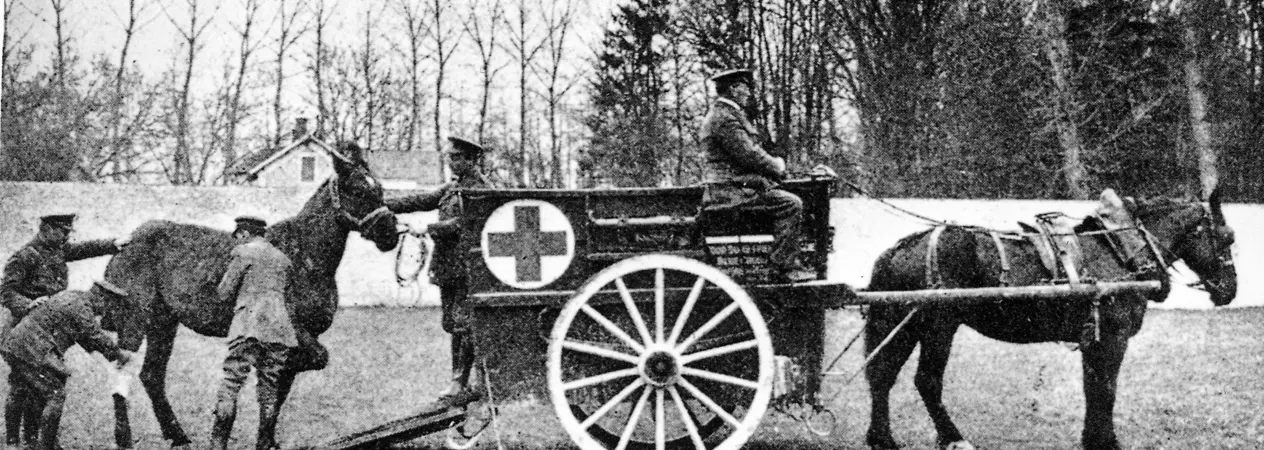 Blue Cross workers lead an injured horse towards a Blue Cross horse ambulance, which is driven by another horse, in France during the First World War