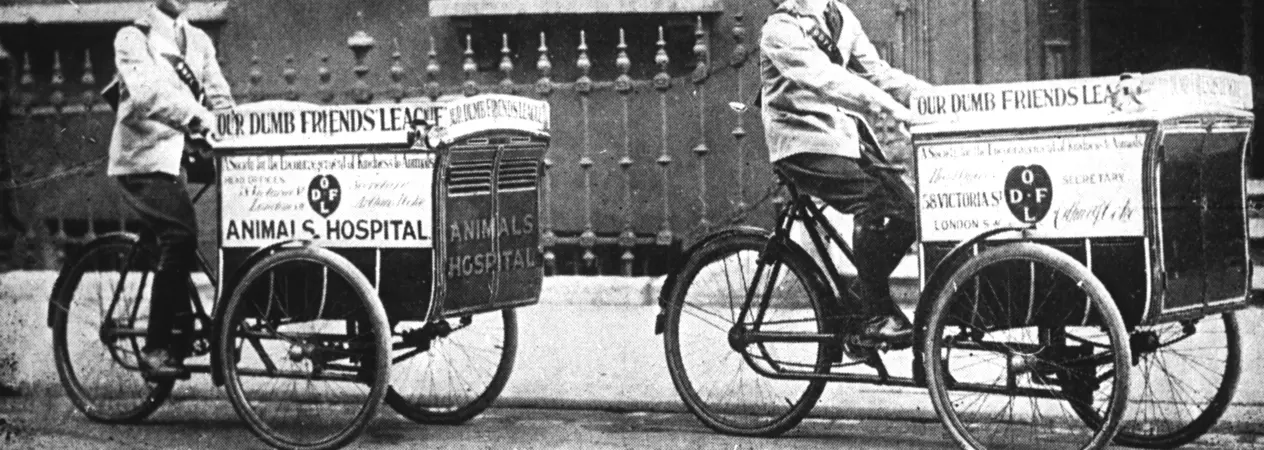 A historic black and white image of two men cycling small animal ambulances