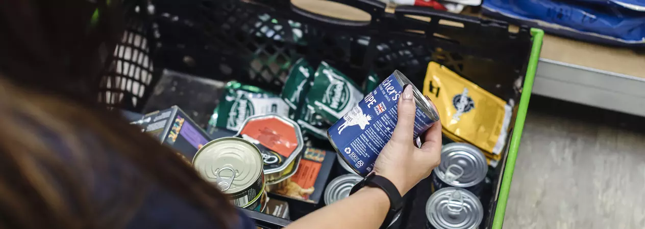 A woman's hand picks out a tin of dog food from a basket filled with tins and packets of dog and cat food